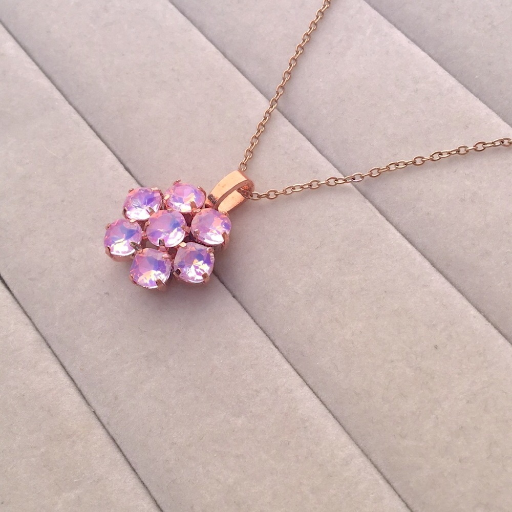 Pink Opal Aurora Borealis +Rose Gold Crystal Flower Drop Pendant Necklace - Picture 4 of 6